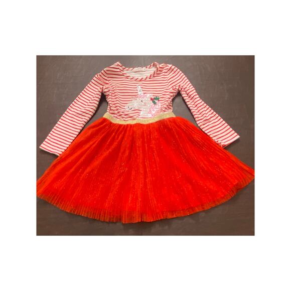 Girls Red Christmas Unicorn Tutu Dress Glitter Skirt Long Sleeve Striped Size 5 - Picture 2 of 6